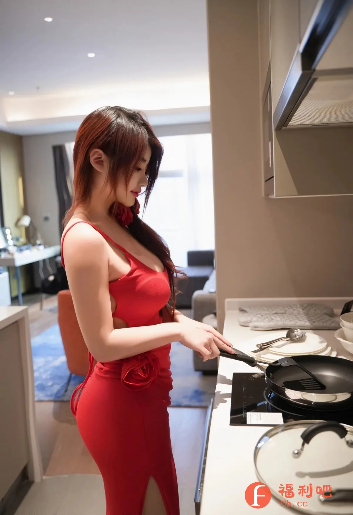 描述:照片中,一位穿着红色吊带连衣裙的美丽女子正在厨房里做饭。她身材苗条,连衣裙的设计凸显了她的曲线,裙摆的开衩设计更添几分性感。她的头发柔顺地披在肩上,侧颜精致,散发着优雅的气质。
厨房环境现代整洁,光线充足。灶台上摆放着锅具和其他烹饪用具,显示出一种温馨的生活气息。女子专注地拿着铲子,似乎正在烹饪美食,神情专注而认真。整体画面充满了生活情调,让人感受到一种舒适和放松的氛围。
这幅照片捕捉了女性居家生活的一面,将美丽与日常生活巧妙地结合在一起,营造出一种独特的视觉享受。
描述:一位穿着红色吊带裙的美女在厨房做饭。