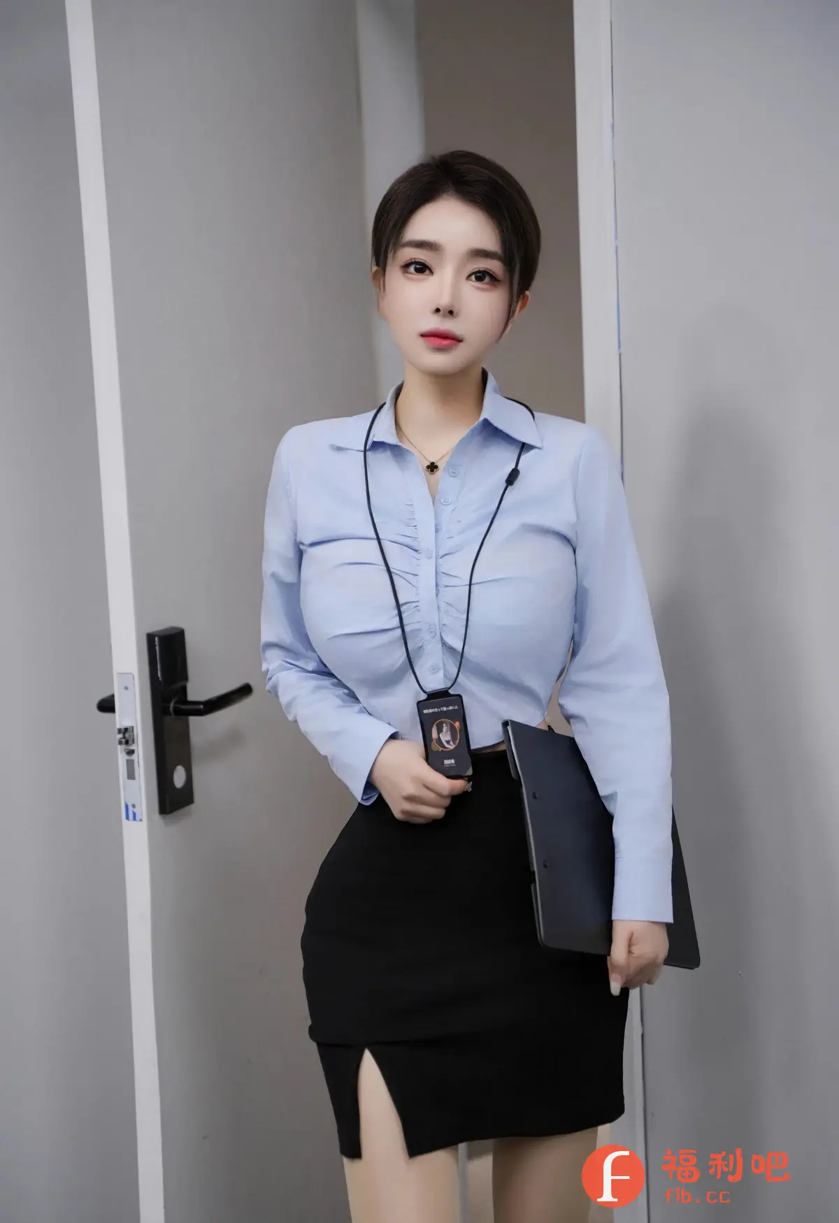 画面中是一位身材姣好的亚洲女性,她留着干练的短发,精致的妆容凸显了她的五官。她穿着一件浅蓝色的修身衬衫,搭配一条黑色的包臀短裙,裙子侧面的开衩设计增添了一丝性感。她的脖子上挂着一个工作牌,手里拿着一个文件夹,整体装扮显得既专业又时尚。她站在一扇门前,背景是简洁的灰色墙面,营造出一种简约的氛围。她的眼神柔和,姿态优雅,散发着自信和魅力,是一张充满吸引力的个人写真。