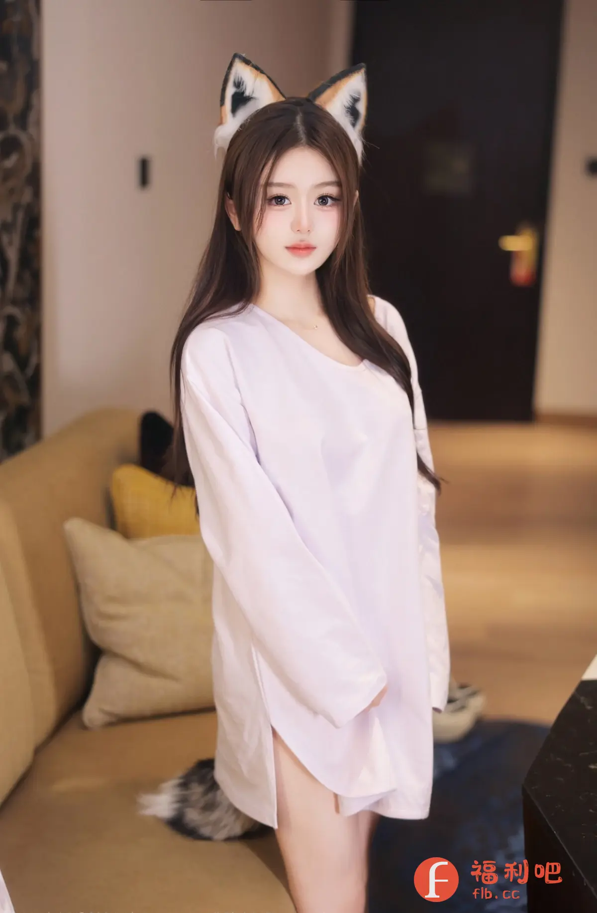 画面中是一位身穿白色宽松衬衫的美女,她戴着一对可爱的狐狸耳朵头饰,长发披肩,妆容精致,显得既清纯又带有一丝妩媚。衬衫的宽松设计营造出一种慵懒随性的感觉,同时也展现了她纤细的腿部线条。背景是一个布置温馨的房间,暖色调的灯光洒在沙发和墙面上,营造出一种舒适的氛围。从她的表情和姿态可以看出,她放松自在,充满自信。整体画面风格清新自然,展现了女性的柔美和魅力,是一张充满生活气息的私房写真。