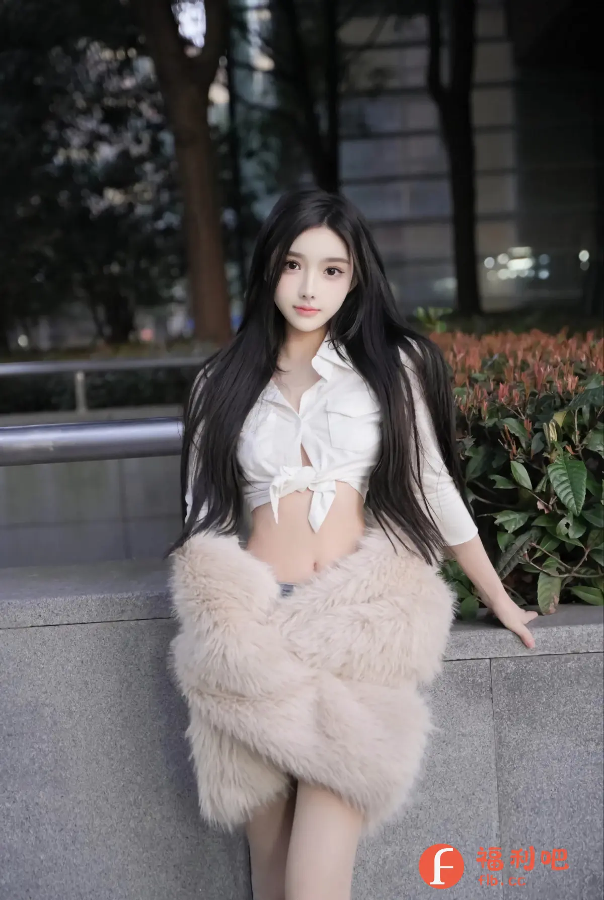 画面是一位年轻女性的户外写真。她有着黑色的长发,精致的妆容,皮肤白皙。她穿着一件白色衬衫,下摆打结露出腹部,下身搭配一条牛仔短裤,外面披着一件米白色的皮草外套。她靠在灰色的矮墙上,背景是夜晚的城市街景,有树木和建筑物的灯光。整体构图较为随意,突出女性的青春活力和时尚感。