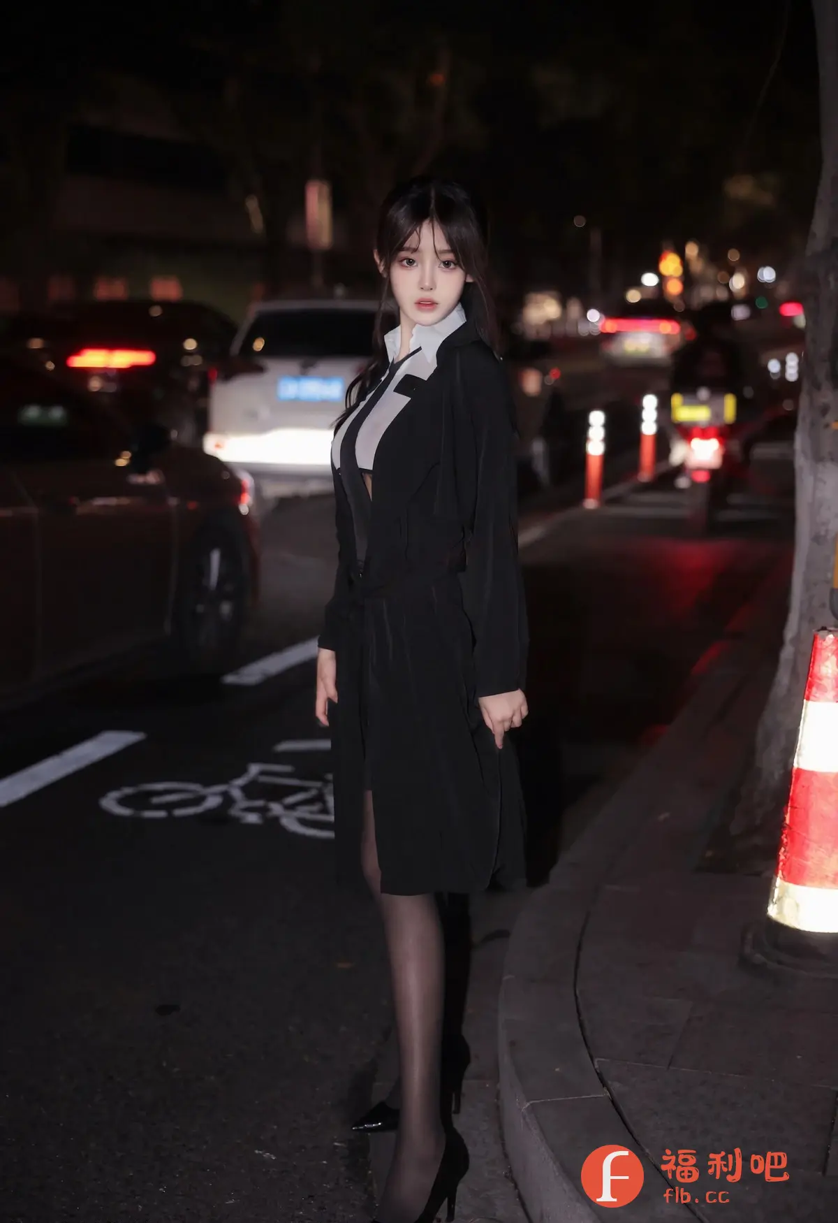 这位美丽的亚洲女性站在一条繁忙的城市街道旁。她身穿一件优雅的黑色长外套,内搭白色上衣,展现出精致的锁骨线条。她穿着黑色的丝袜和高跟鞋,更显高挑迷人。夜晚的光线照亮了她精致的脸庞,突出了她的美丽和气质。背景中有汽车行驶,路灯散发出柔和的光芒,增添了画面的氛围感。整体而言,这是一张极具吸引力的时尚照片,展现了女性的自信和魅力。