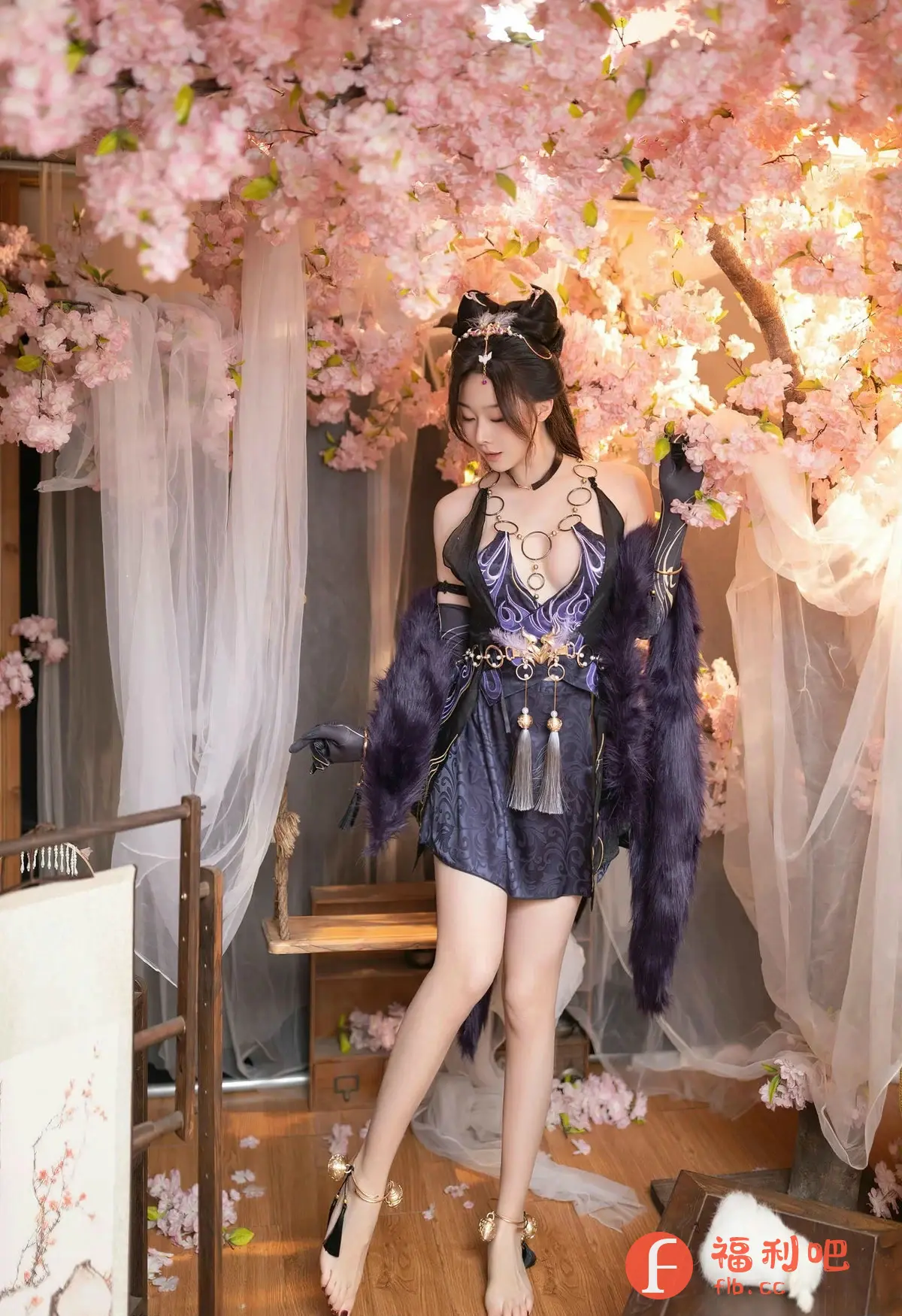 描述:这位美女身着精美华丽的cosplay服装,站在一棵盛开的樱花树下,展现出一种梦幻般的美感。她的服装设计独特,以深紫色为主色调,搭配精致的刺绣和装饰,更显高贵典雅。服装的裁剪也十分大胆,突出了她姣好的身材曲线。她头戴带有猫耳元素的头饰,增添了一丝俏皮可爱。她的眼神略带忧郁,更衬托出她神秘的气质。樱花树的粉色花朵与她的服装色彩相互呼应,营造出一种浪漫唯美的氛围。背景的纱幔和柔和的光线,也为照片增添了朦胧感,使整体画面更富有艺术气息。照片整体风格唯美、性感,展现了美女的独特魅力和cosplay的精致细节。