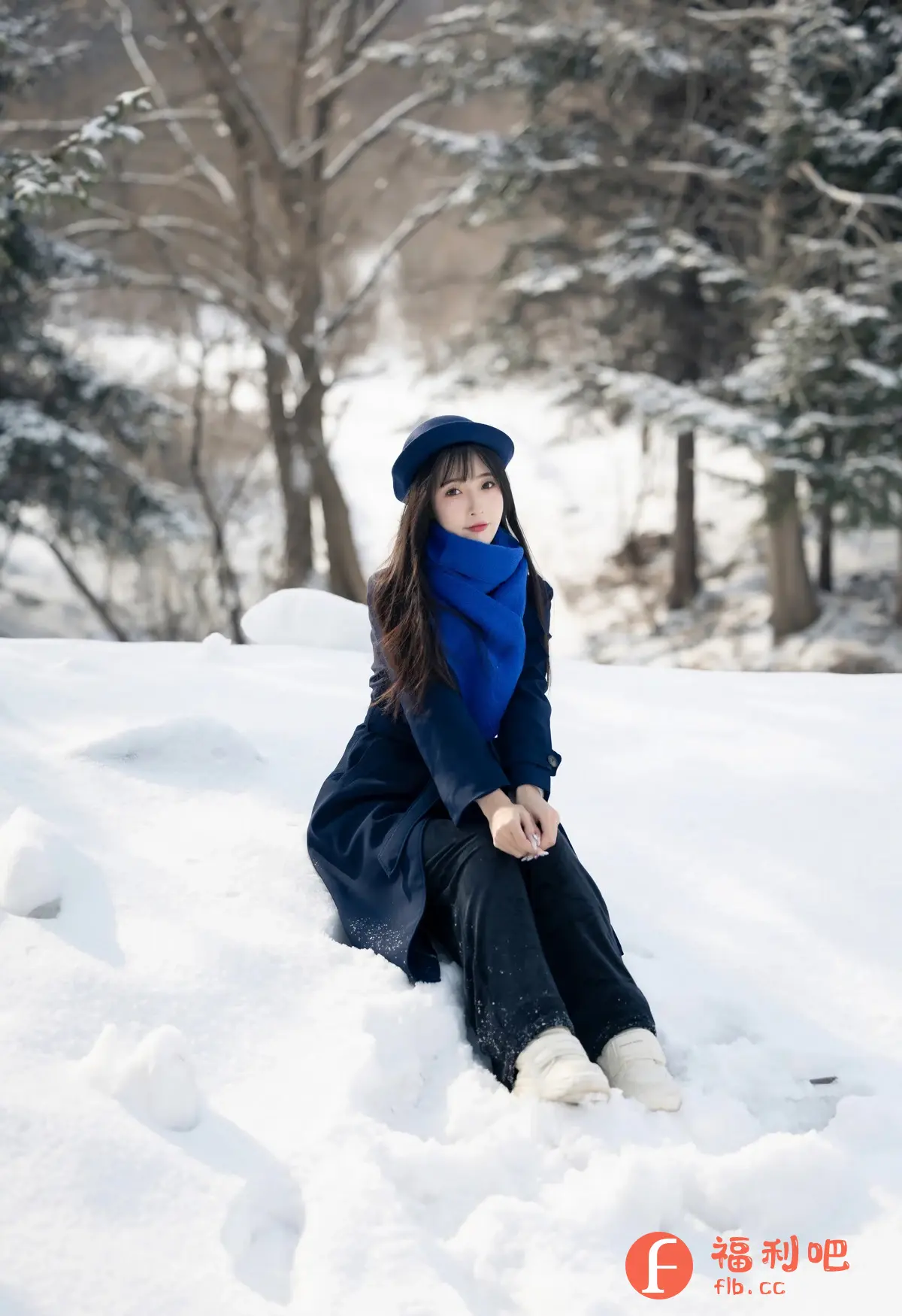 照片中是一位年轻的亚洲女性,她坐在白雪皑皑的雪地上,背景是覆盖着白雪的树林。她穿着深蓝色的长款外套,内搭黑色裤子,脚上穿着白色运动鞋。脖子上围着一条亮蓝色的围巾,头上戴着同色系的贝雷帽,与她乌黑的长发形成鲜明的对比。她的面容精致,妆容淡雅,眼神略带忧郁,给人一种宁静和清新的感觉。雪地上散落着一些雪球,阳光洒落下来,增添了一丝温暖的气息。整体画面唯美而充满意境,展现了女性在冬季雪景中的优雅和美丽。