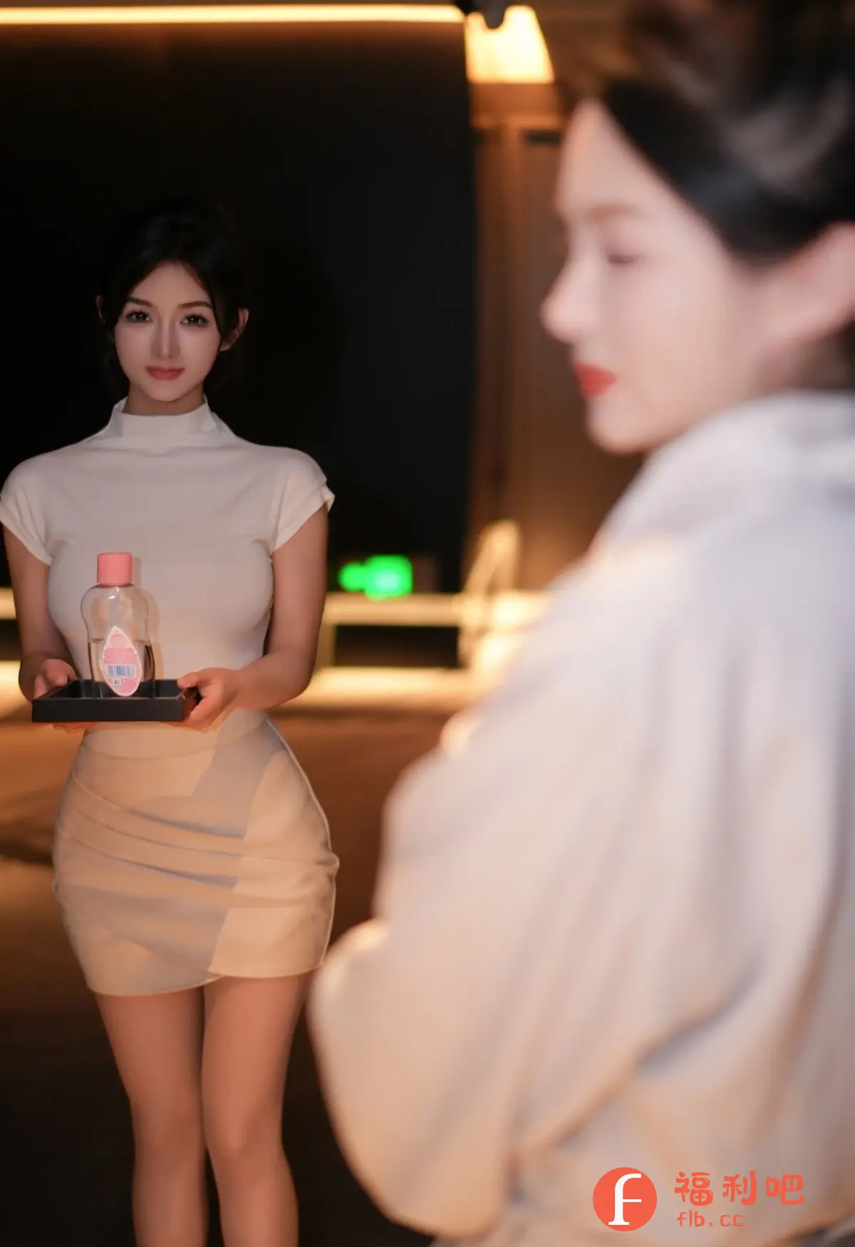 这张照片展现了一位身材姣好的年轻女子,她身穿一件贴身的白色短袖上衣和米色迷你裙,勾勒出优美的曲线。她正对着镜头,神情略带一丝娇羞,眼神明亮动人。她双手端着一个黑色小托盘,上面放着一瓶粉色盖子的透明液体,似乎准备递给画面右侧模糊的女子。背景模糊,但可以看出是室内环境,带有暖黄色的灯光,营造出一种温馨而私密的气氛。整体画面简洁,重点突出了人物的美丽和优雅。