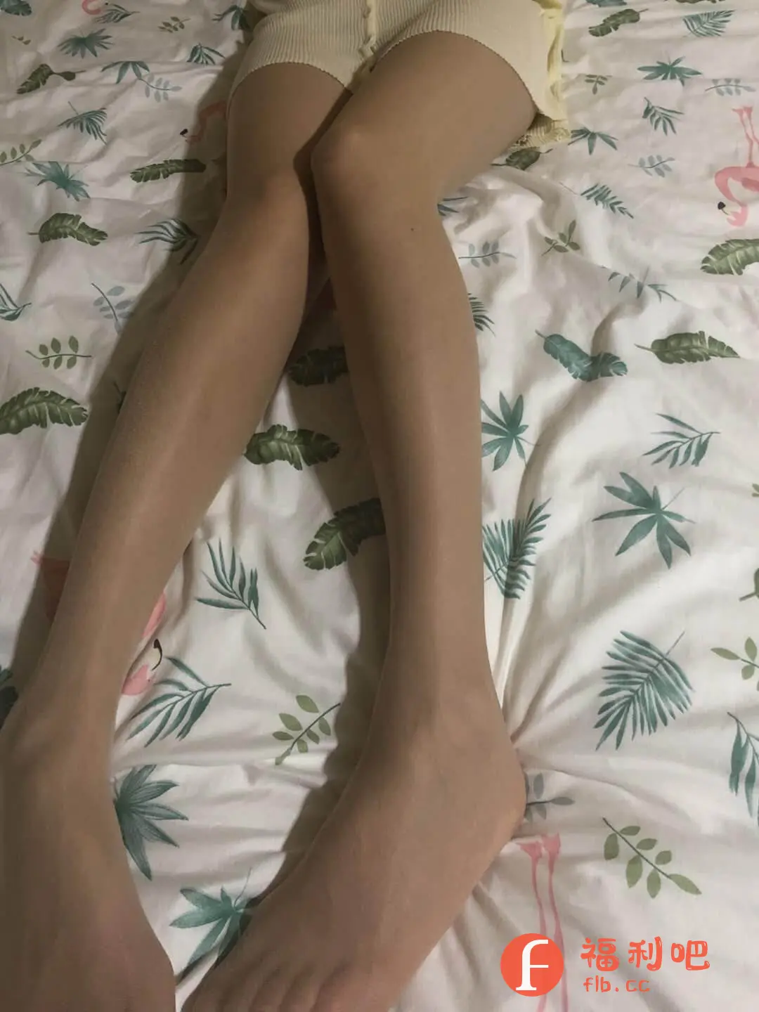 描述:这张图片展示了一双穿着肉色丝袜的美腿。拍摄角度是从上往下,突出了腿部的线条和丝袜的质感。丝袜颜色自然,略带光泽,使腿部看起来更加光滑细腻。背景是印有热带植物图案的床单,白色底色搭配绿色植物,营造出一种清新舒适的氛围。整体画面给人一种精致、性感却不失清新的感觉。