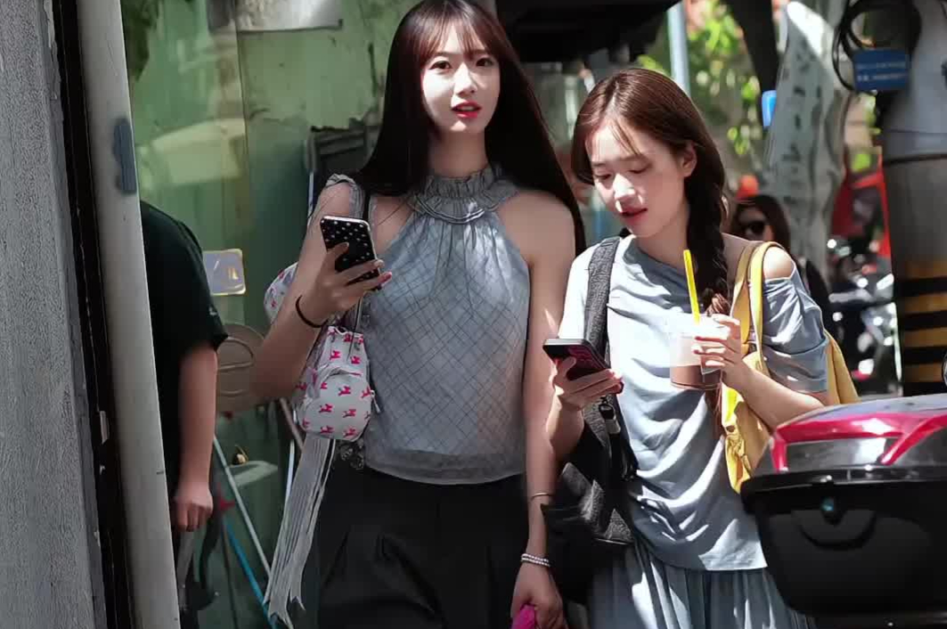上海街头阳光下清纯美女笑容灿烂